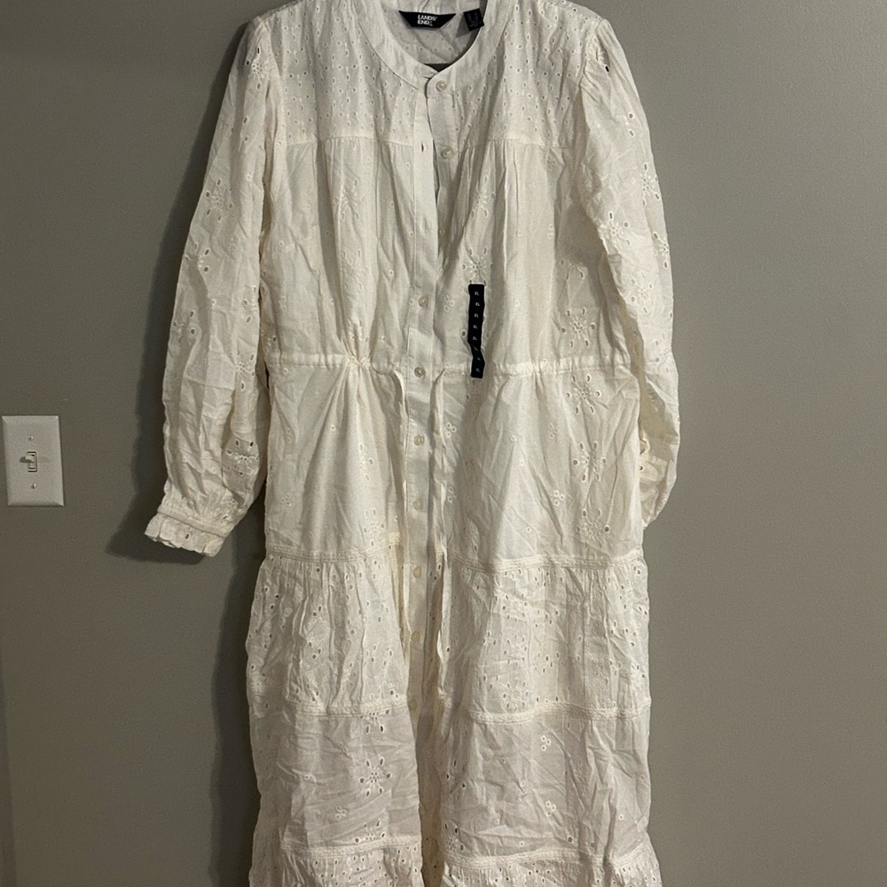 Lands End White Eyelet Button-Down Dress